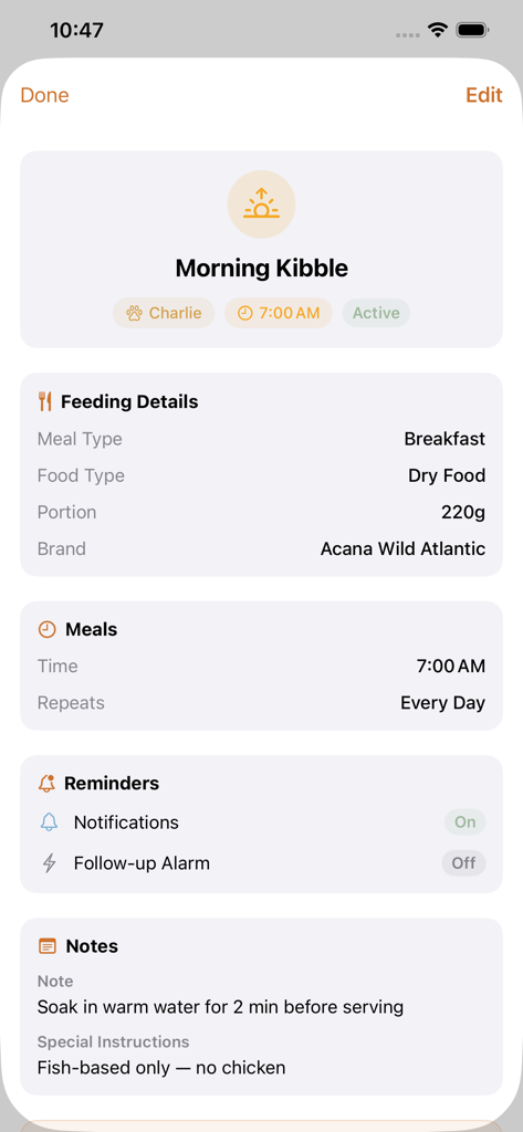 Mobile app screen showing dog breakfast schedule with specific food brand and preparation notes