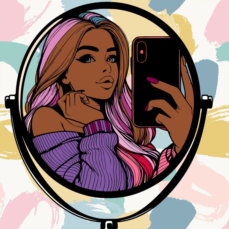 realistic girl taking mirror selfie beautiful