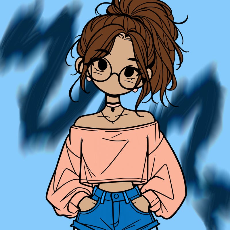 girl with a messy ponytail glasses a baggy crop top and jean shorts