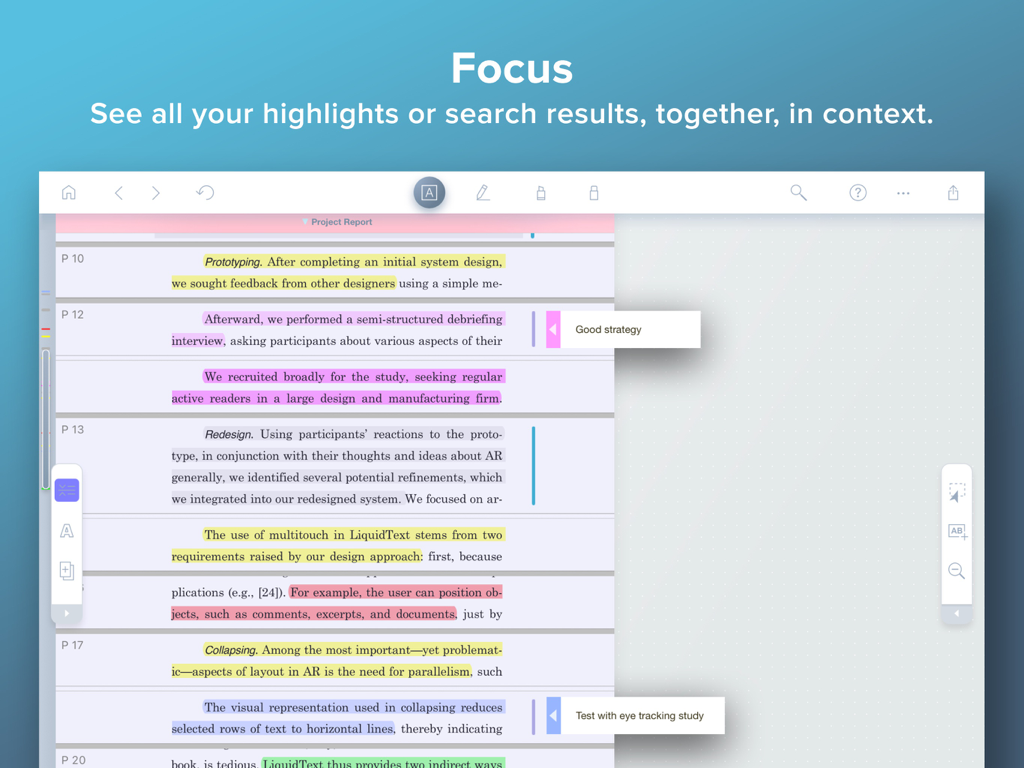 LiquidText focus mode showing multiple highlighted document sections and margin notes condensed together.