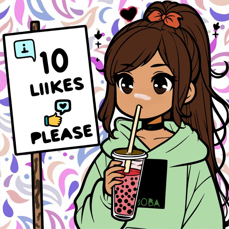 girl with a high ponytail and a hoodie drinking boba staring at a sign saying 10 likes please
