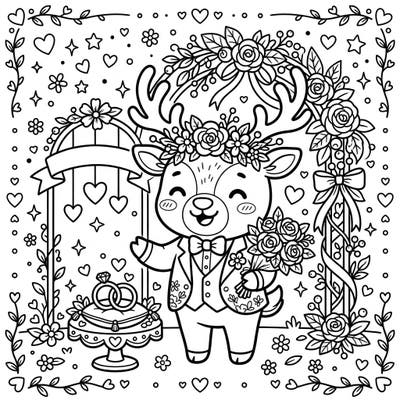 Step into a world of adorable romance with this delightful Kawaii Caribou wedding coloring page, perfect for celebrating love. Featuring a charming caribou groom surrounded by beautiful floral arches and wedding rings, this page offers a joyful coloring experience for all ages.