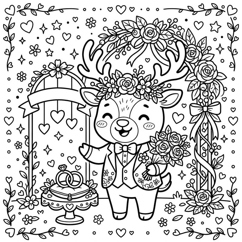 Step into a world of adorable romance with this delightful Kawaii Caribou wedding coloring page, perfect for celebrating love. Featuring a charming caribou groom surrounded by beautiful floral arches and wedding rings, this page offers a joyful coloring experience for all ages.