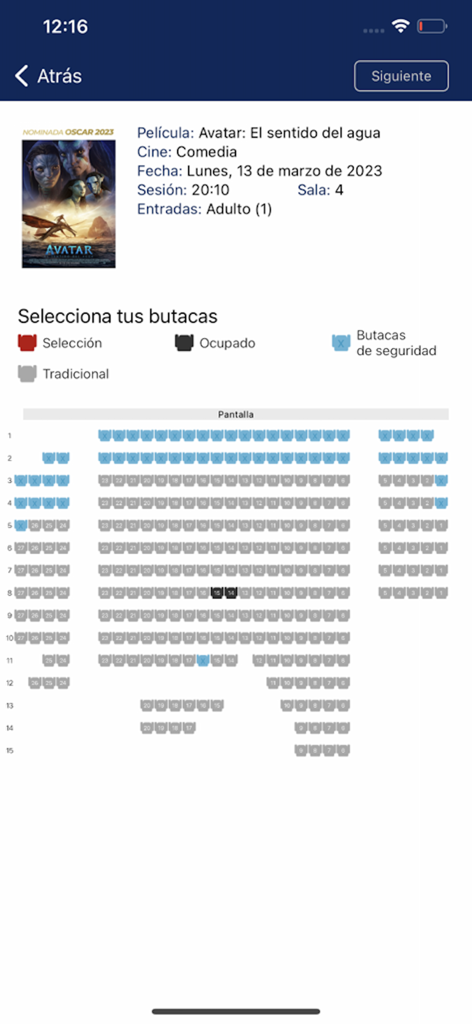 Interface da app Cine Yelmo para seleção de assentos de cinema para a exibição de um filme