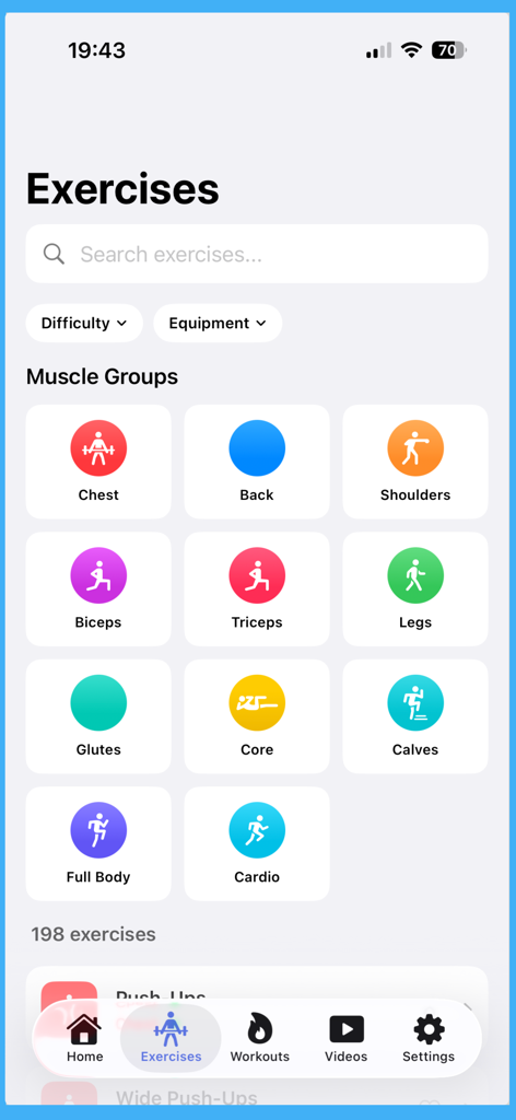Workouts Rush - Workouts Rush mobile app exercise selection screen with muscle group categories