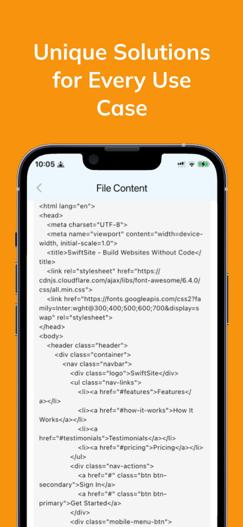 Website Maker: XVibe AI - Tela de um telefone móvel mostrando o código HTML gerado dentro da interface do aplicativo XVibe AI
