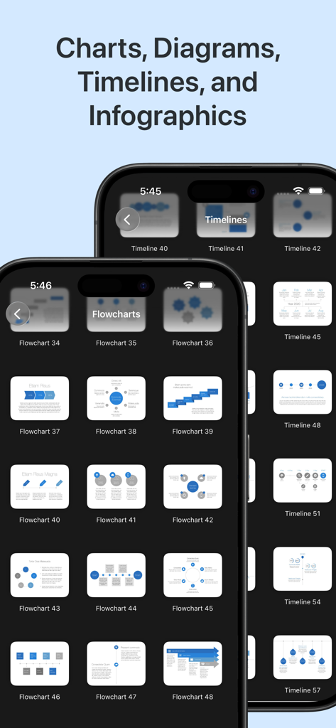 Toolbox for Keynote: Templates - Uma coleção de modelos profissionais de fluxograma e linha do tempo para apresentações em Keynote exibidos em uma interface de aplicativo móvel.