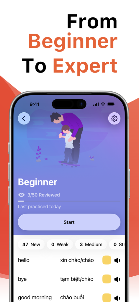 LENGOアプリのインターフェース、ベトナム語初級レベルの語彙と学習進捗を表示
