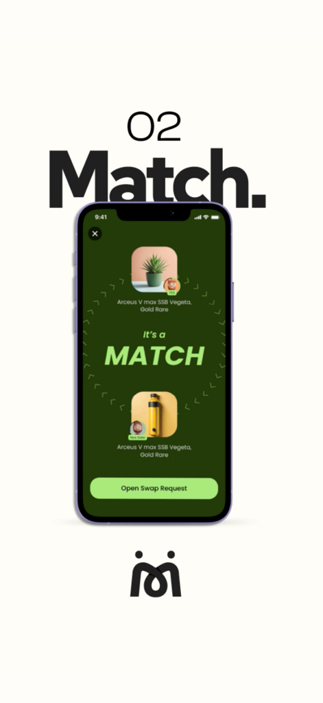 Swap - Social Marketplace - A mobile phone screen showing a successful trade match between two items on the Swap social marketplace app.