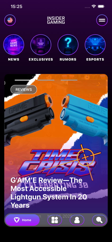 Insider Gaming mobile app home screen displaying news categories and a featured gaming hardware review