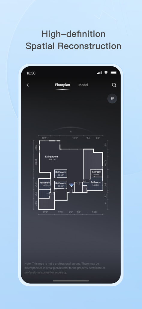 Realsee 3D virtual tour - La interfaz de la aplicación Realsee muestra un plano de planta detallado con etiquetas de habitación y mediciones precisas para la reconstrucción espacial.