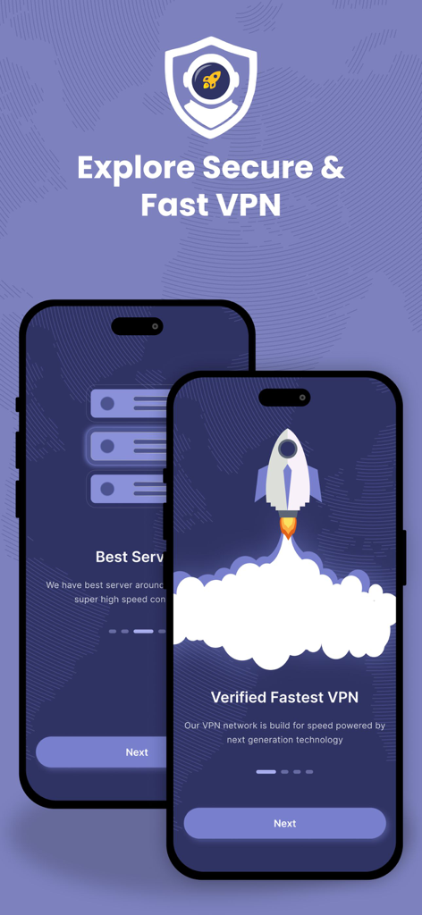 Astro VPN - Fast Net Proxy - Astro VPN app screens highlighting secure and fast internet connection with a rocket graphic.