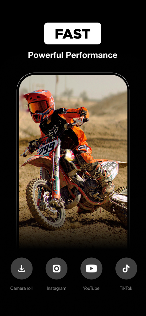 Reels Maker・Video Templates - Um motociclista em ação ilustrando o desempenho rápido e os recursos de compartilhamento direto em mídias sociais do aplicativo Reels Maker