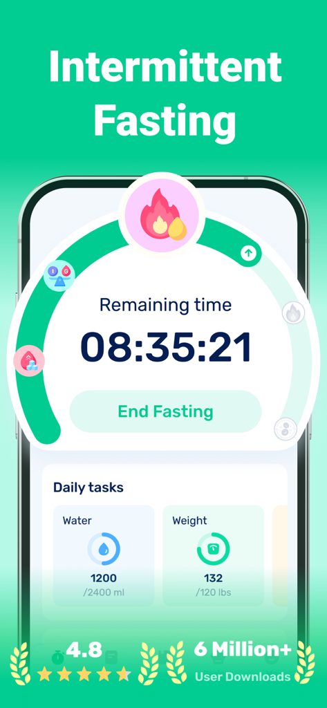 Fasting Tracker - GoFasting - Interfaz de la aplicación GoFasting que muestra un temporizador de cuenta regresiva para ayuno intermitente junto con tareas diarias de seguimiento de agua y peso.