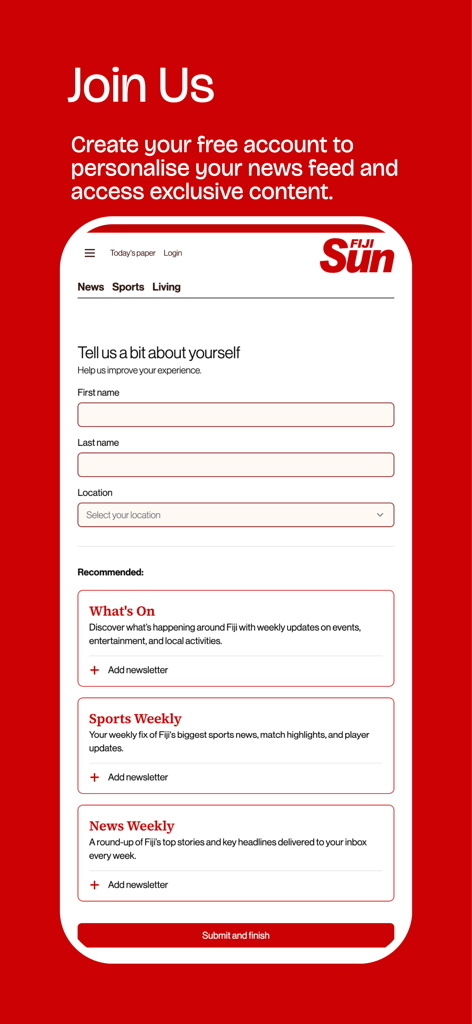 Fiji Sun - Registration page for the Fiji Sun app where users can create a free account and select newsletter preferences.