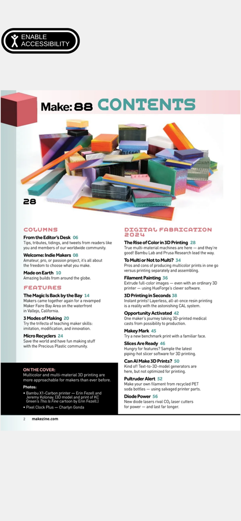 Página de índice del número 88 de Make Magazine centrado en proyectos de fabricación digital e impresión 3D.