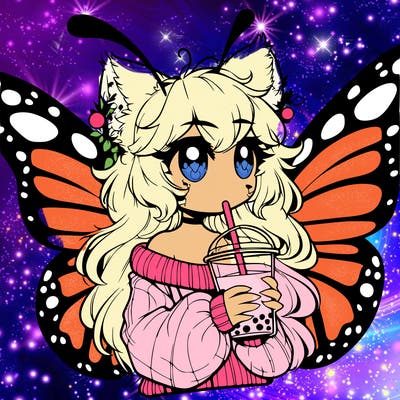 a realistic butterfly/furry girl drinking boba