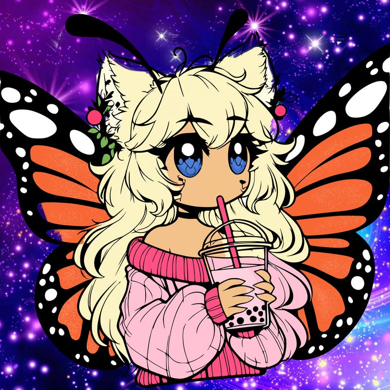 a realistic butterfly/furry girl drinking boba