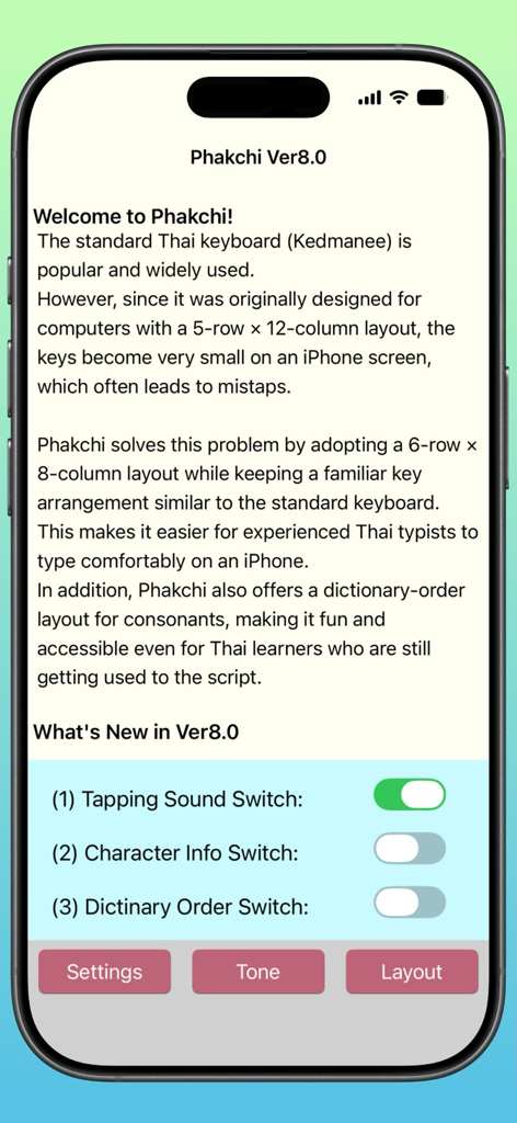 Phakchi - Thai Keyboard - - Welcome screen for the Phakchi Thai Keyboard app showing version 8.0 settings and feature description.