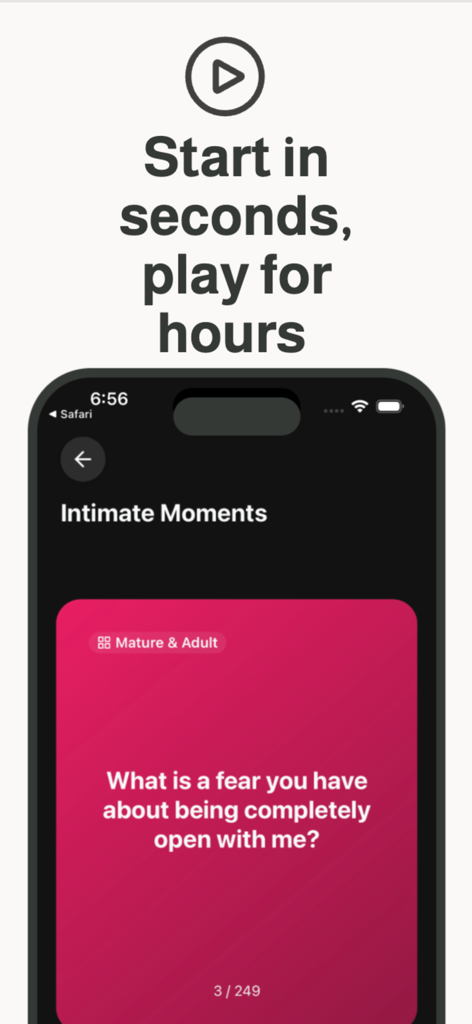Deckio - Conversation Cards - Deckio mobile app screen showing an intimate conversation card for couples.