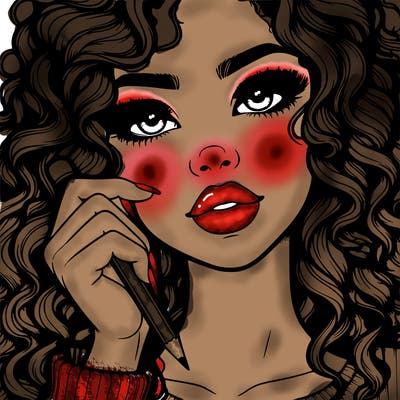 pretty girl with curly hair and lips holding a pencil realistic