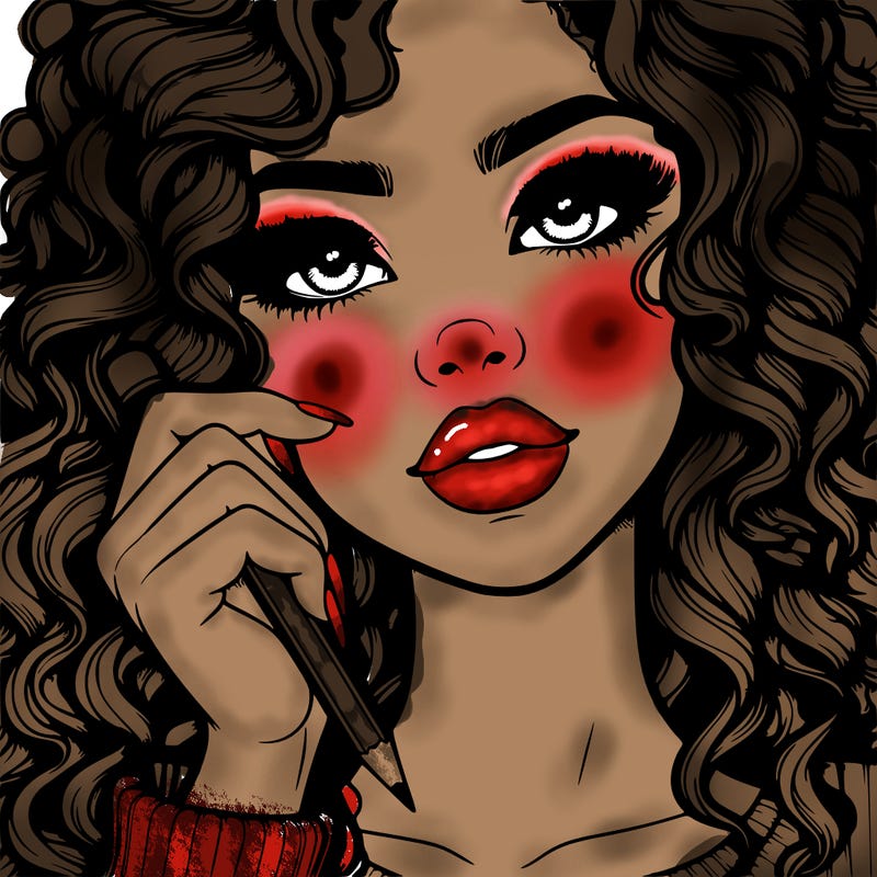 pretty girl with curly hair and lips holding a pencil realistic