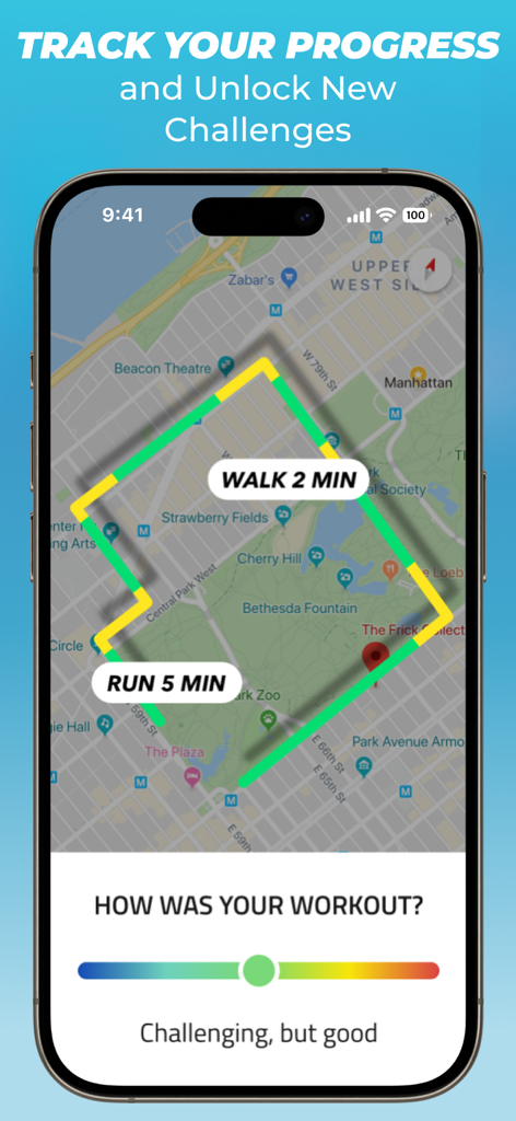 5K Runner app screenshot showing a workout route on a map with run and walk intervals