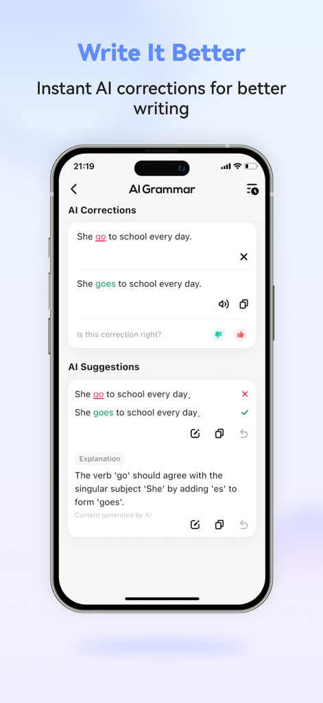 더 나은 글쓰기를 위한 AI 문법 수정 및 설명을 보여주는 English Ai 앱 인터페이스
