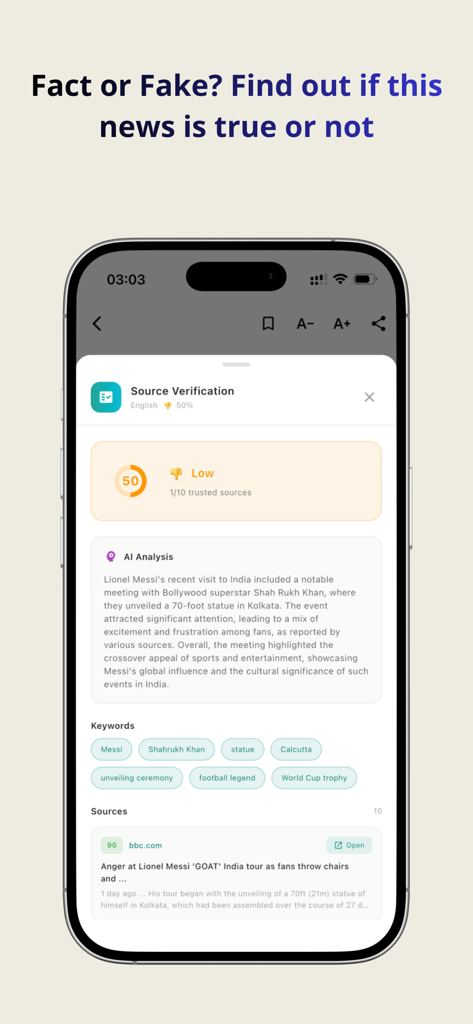 Zamin - Recurso de verificação de fonte de notícias do aplicativo Zamin exibindo análise de IA e verificação de fatos de notícias