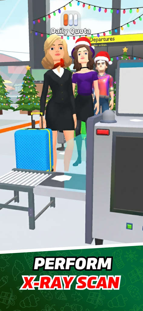 Airport Security Simulator 911 - Screenshot des Spiels Airport Security Simulator, der einen Röntgen-Gepäckscan mit Weihnachtsdekorationen zeigt