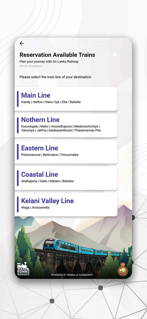 RDMNS.LK - Live Train Updates - Mobile app screen showing Sri Lanka train lines available for seat reservations