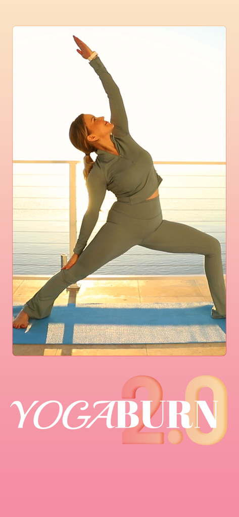 Yoga Burn App - A woman performing a yoga stretch on an outdoor balcony for the Yoga Burn fitness app.