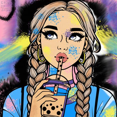 realistic girl with braided hair drinking boba