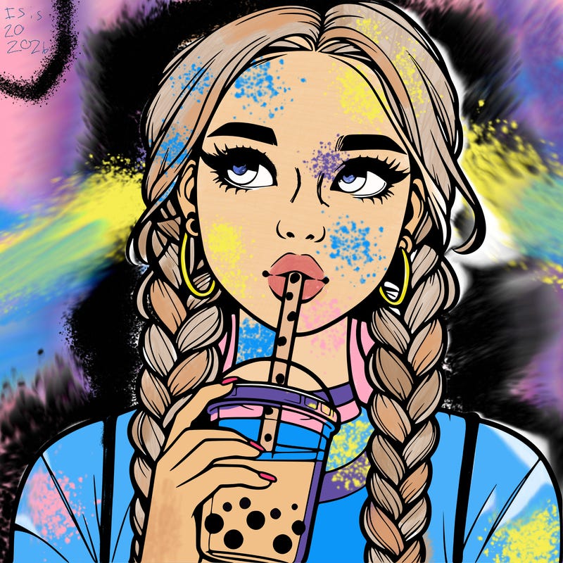 realistic girl with braided hair drinking boba