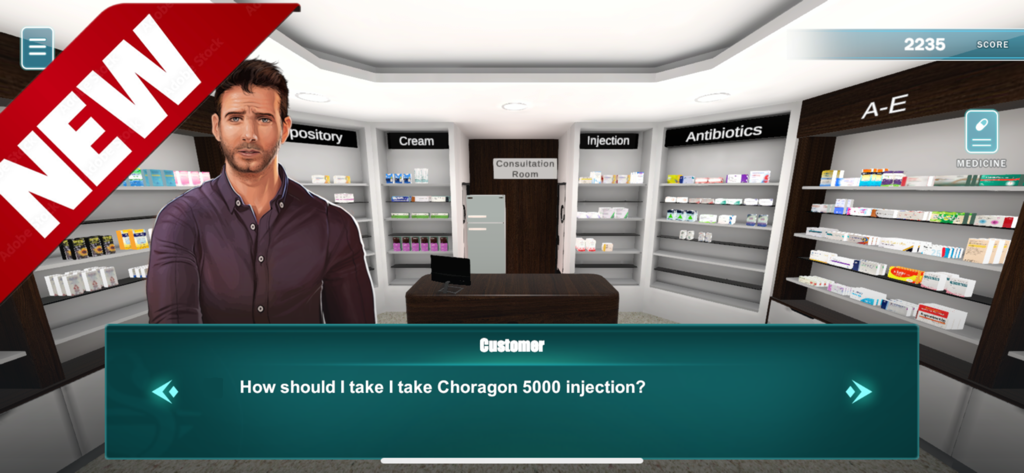 Pharmlator - Simulação de consulta farmacêutica no aplicativo Pharmlator apresentando um interior de farmácia 3D e diálogo com o cliente