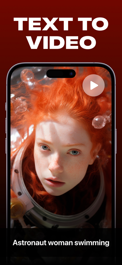 Smartphone screen showing the text to video feature of AI Video Generator with a prompt for an astronaut woman swimming