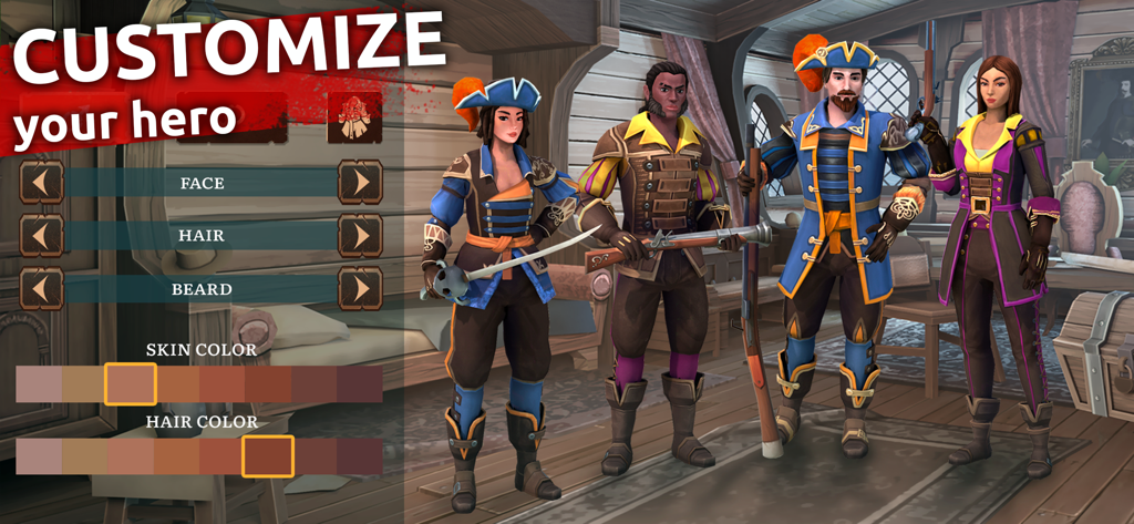 Mutiny: Pirate Survival RPG - Schermata di personalizzazione del personaggio di Mutiny Pirate Survival RPG con varie opzioni di aspetto e personaggi pirata