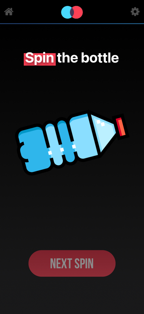 Digital spin the bottle game interface with a blue bottle icon and a next spin button