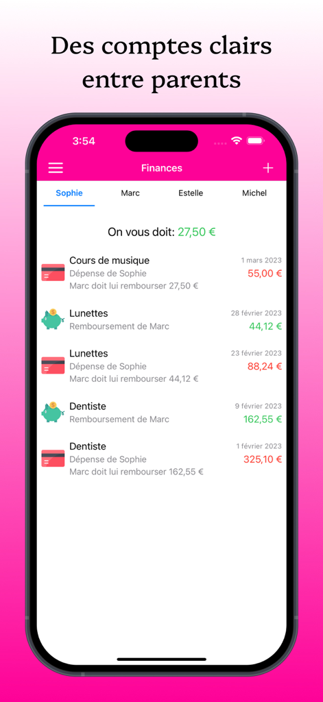 KidCal: Co-Parent Calendar App - KidCal app finance screen showing shared expenses between parents