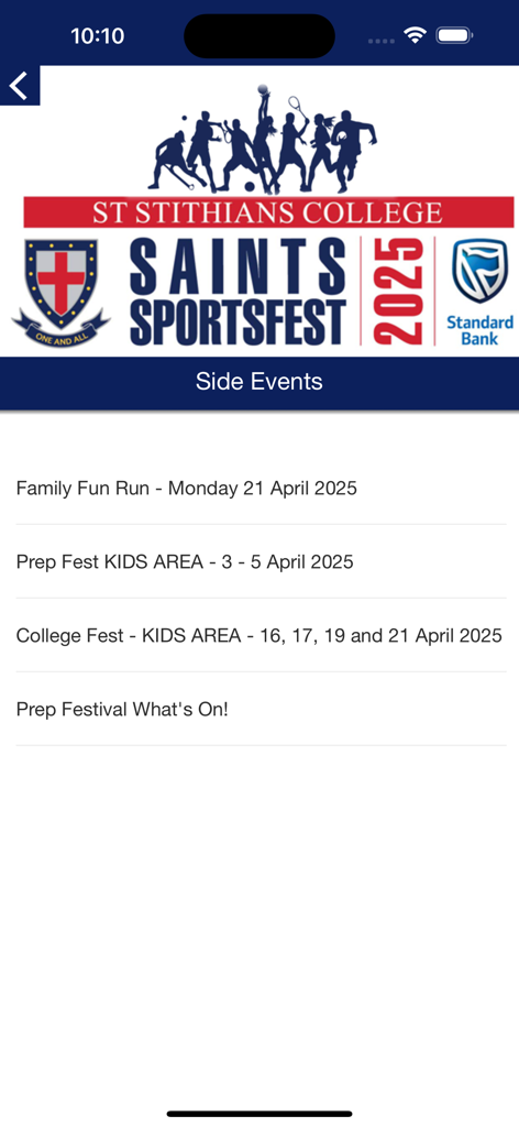 St Stithians College - St Stithians College app interface showing a list of side events for the 2025 Saints Sportsfest