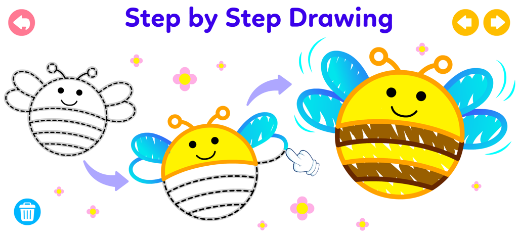 Step by step tutorial showing how to trace and color a cartoon bee in a children's drawing app