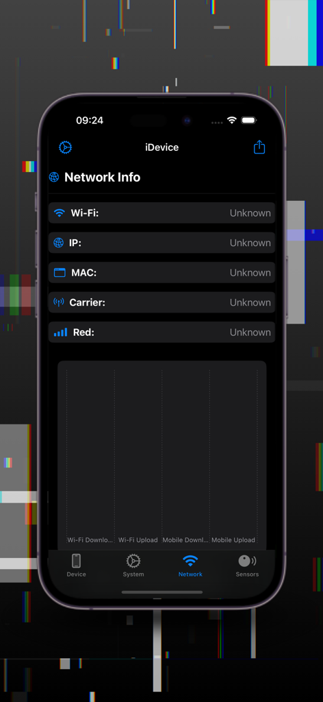 Pantalla de información de red de la aplicación Device Monitor iDevice que muestra gráficos de uso de datos y detalles de conexión.