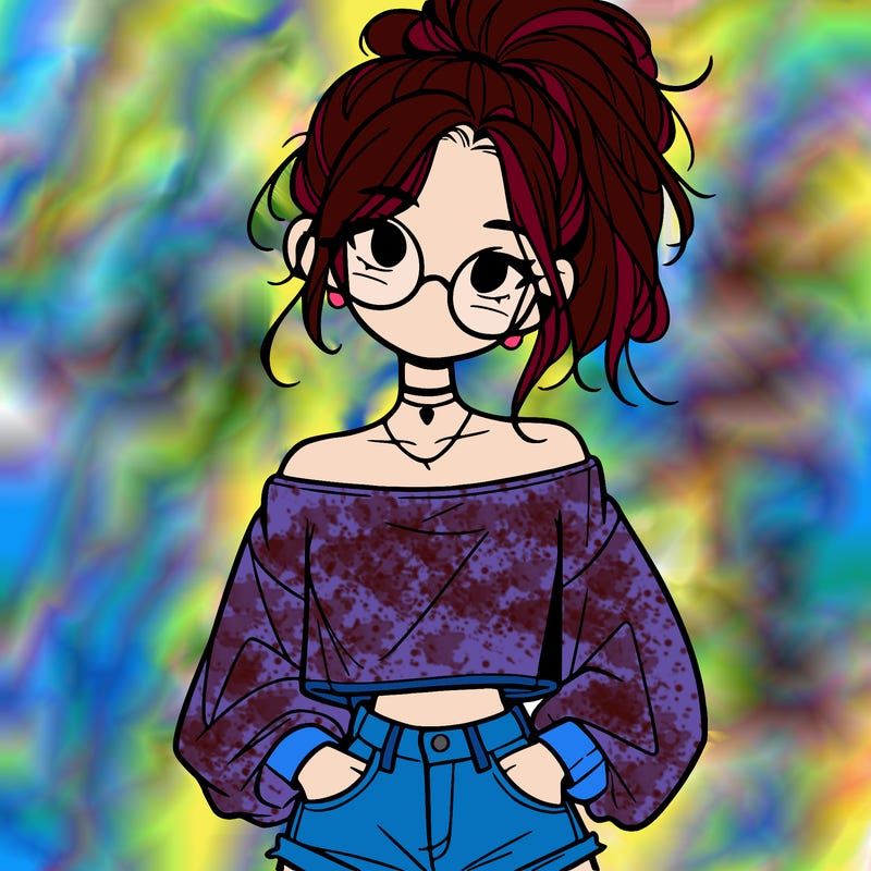 girl with a messy ponytail glasses a baggy crop top and jean shorts