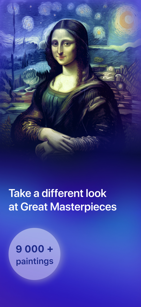 Art Quiz: paintings & artists - Montagem artística da Mona Lisa no estilo de Noite Estrelada para o aplicativo Art Quiz