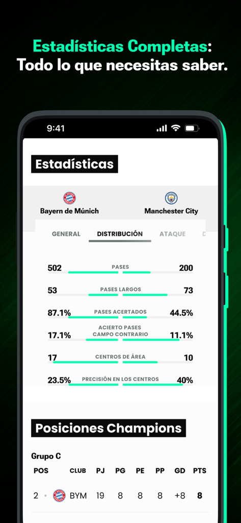 TUDN: TU Deportes Network - Pantalla de la app TUDN mostrando estadísticas detalladas de partidos de fútbol y clasificaciones de la Champions League