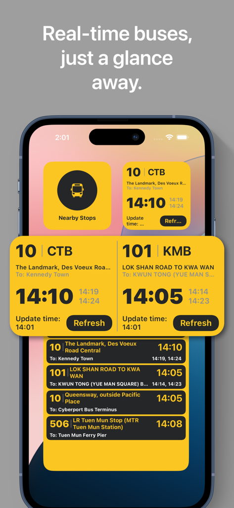 HKBUS iOS 위젯에 홍콩의 실시간 버스 도착 시간이 표시됩니다.