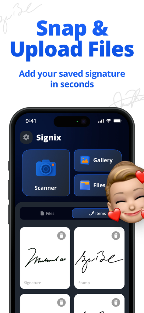 Sign Documents: Signature PDF - Signix app screen showing document scanner and saved digital signatures