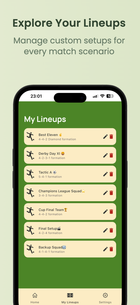 Lineup Builder Pro - Lista de formaciones de fútbol y alineaciones de equipo guardadas en la aplicación Lineup Builder Pro