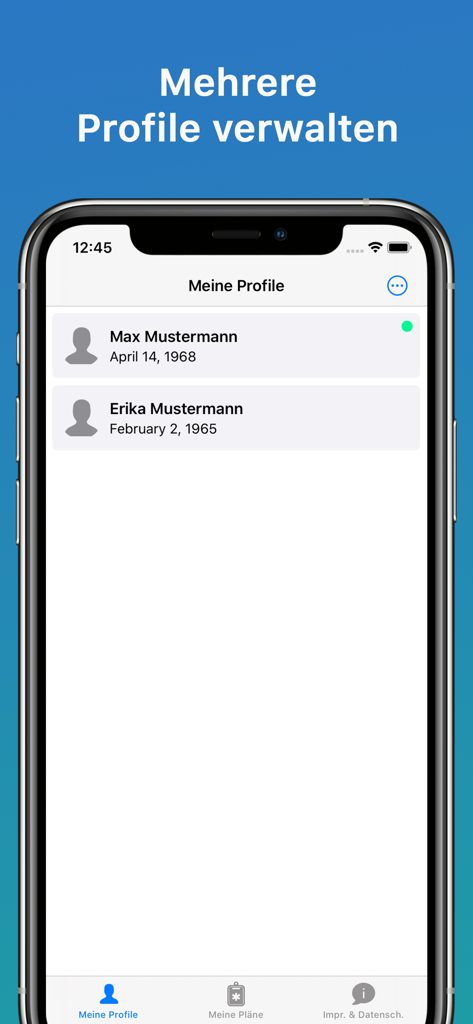PApp - Die Patientenapp - Smartphone-Bildschirm der PApp Patienten-App, der eine Liste verwalteter Benutzerprofile anzeigt