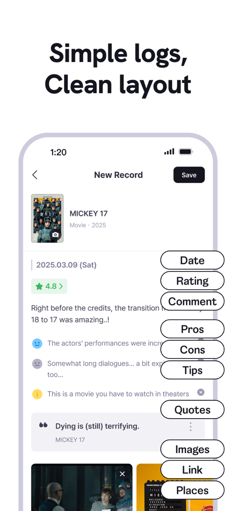 Interfaz de la aplicación repov mostrando una entrada detallada de registro de películas para Mickey 17 con calificaciones y reseñas